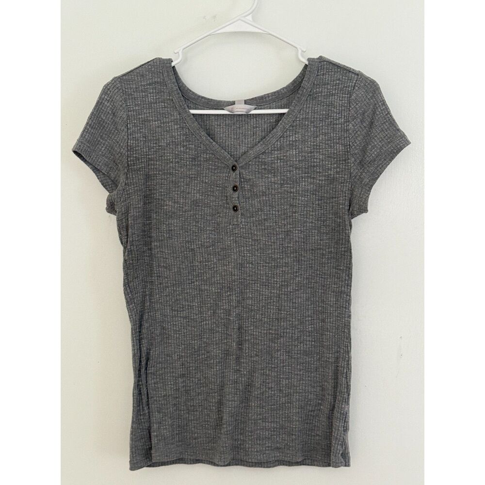 No Boundaries Womens Grey Ribbed Henley Shirt Short Sleeve V-Neck Top